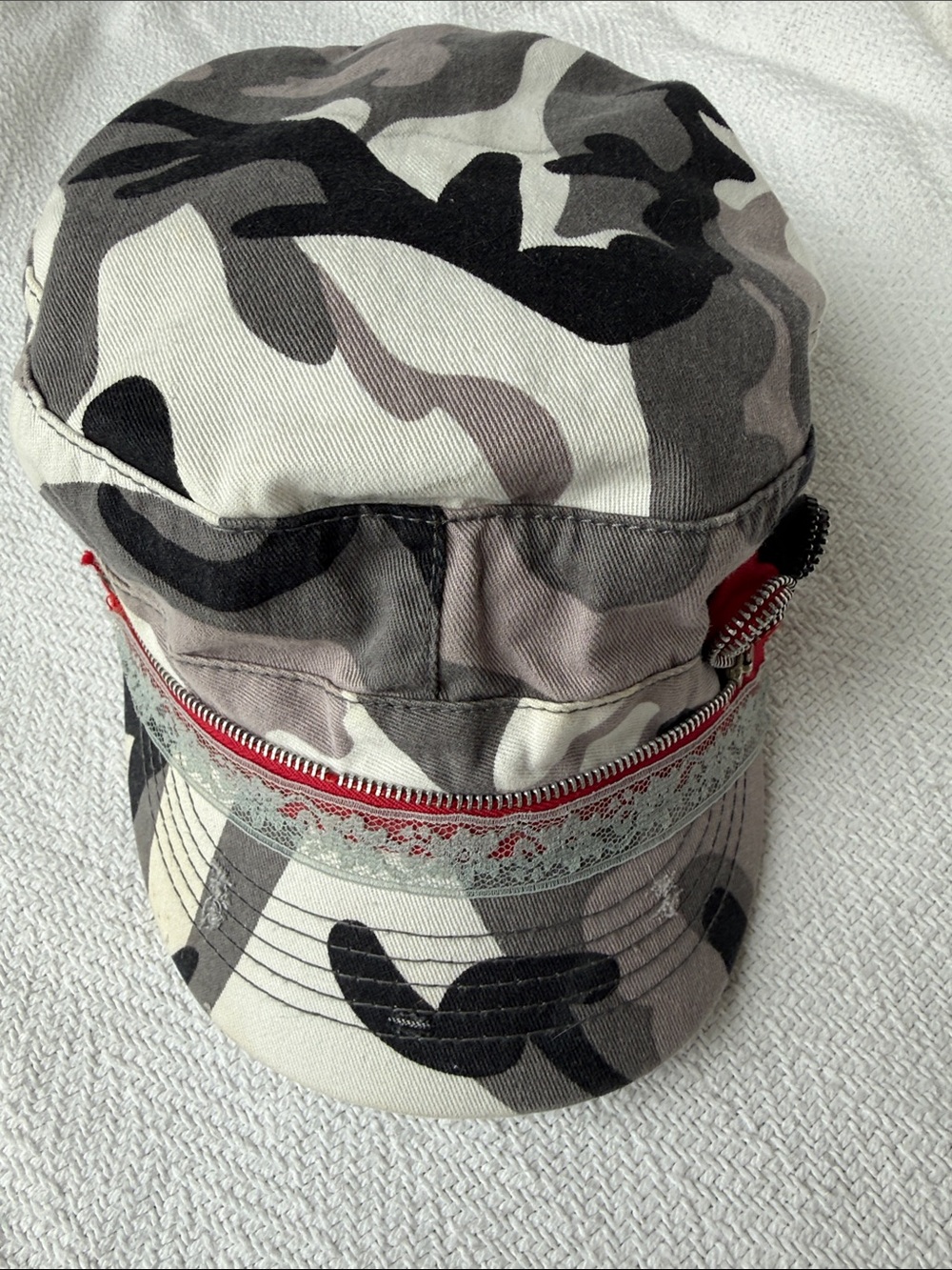 Alternative Camo Print Military Cap with Red Zipper Accent